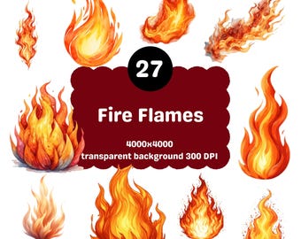 Fire Flames Clipart PNG Bundle, Transparent Graphics (Digital Download)