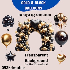 Gold and Black Balloon Clipart, Balloon Arch, Party Decor, Transparent Background, Digital Download, High Quality, Commercial Use
