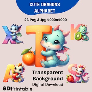 Niedliches Drachen Alphabet Clipart PNG JPG, Baby Drachen Buchstaben A-Z, Aquarell Drachen Alphabet, Kinder Kinderzimmer Wandkunst, digitaler Download