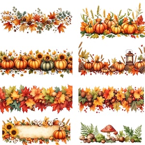 May include: A collection of eight horizontal decorative borders featuring autumn themes including orange pumpkins, vibrant maple leaves, sunflowers, wheat stalks, acorns, pinecones, a rustic lantern, mushrooms, and cotton bolls on a white background.