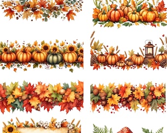 May include: A collection of eight horizontal decorative borders featuring autumn themes including orange pumpkins, vibrant maple leaves, sunflowers, wheat stalks, acorns, pinecones, a rustic lantern, mushrooms, and cotton bolls on a white background.