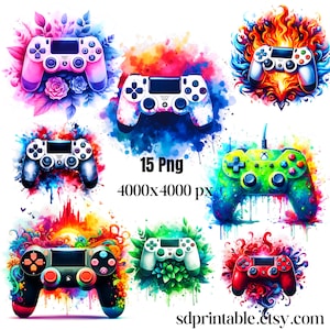 May include: A set of 15 digital images featuring colorful watercolor designs of a video game controller. The designs include a variety of colors and patterns, such as pink, blue, green, red, and yellow. The text "15 Png 4000x4000 px" is included in the image.
