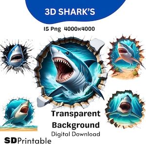 3D Shark Clipart: Marine Art Printables (PNG Digital Download)