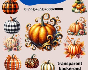 Watercolor Pumpkin Clipart Bundle, Fall Thanksgiving PNG (Digital Download)