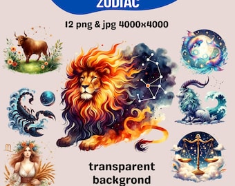 Zodiac Clipart: Astrology Signs, Horoscope Constellations (PNG JPG Digital Download)