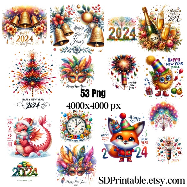 Happy New Year Clipart, Happy New Year Png, New Year 2024, New Year Set Of 47 Png Bundle