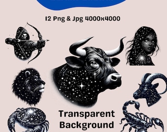 Black Zodiac Clipart Bundle: Celestial Star Sign Illustrations (Digital Download)