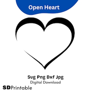 以下が含まれることがあります： 開いたハートの形の黒いアウトライン。画像は「Open Heart」というタイトルで、「Svg Png Dxf Jpg Digital Download」と「SDPrintable」というテキストが含まれています。
