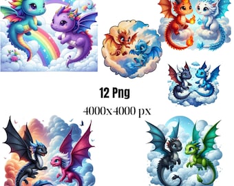 May include: Twelve digital illustrations of cute cartoon dragons in various colors, including blue, green, red, pink, and black. Each dragon is depicted with wings, a tail, and a friendly expression. The dragons are set against a background of clouds and rainbows.