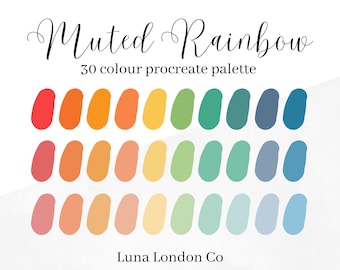 Muted Rainbow 30 swatches Procreate colour palette, Calm Muted Rainbow colors with hex codes