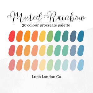 Muted Rainbow 30 échantillons Procreate palette de couleurs, Calm Muted Rainbow couleurs avec codes hexadécimaux