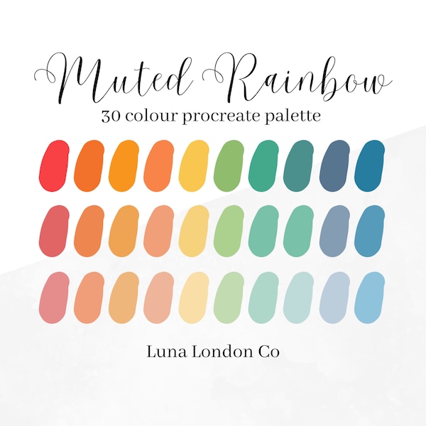 Muted Rainbow 30 swatches Procreate colour palette, Calm Muted Rainbow colors with hex codes