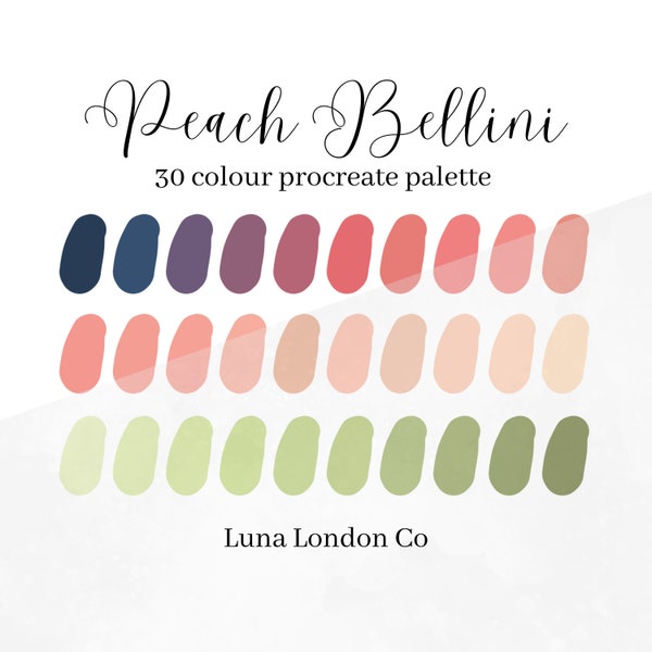 Peach Bellini 30 swatches Procreate colour palette, peachy floral color palette with hex codes