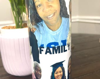 May include: A white tumbler with a collage of family photos. The photos include a woman, a man, a young girl, and a young boy. The text "FAMILY" is printed in blue on the tumbler.