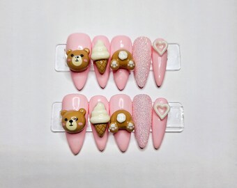 Cute pink bear handpainted press on nails