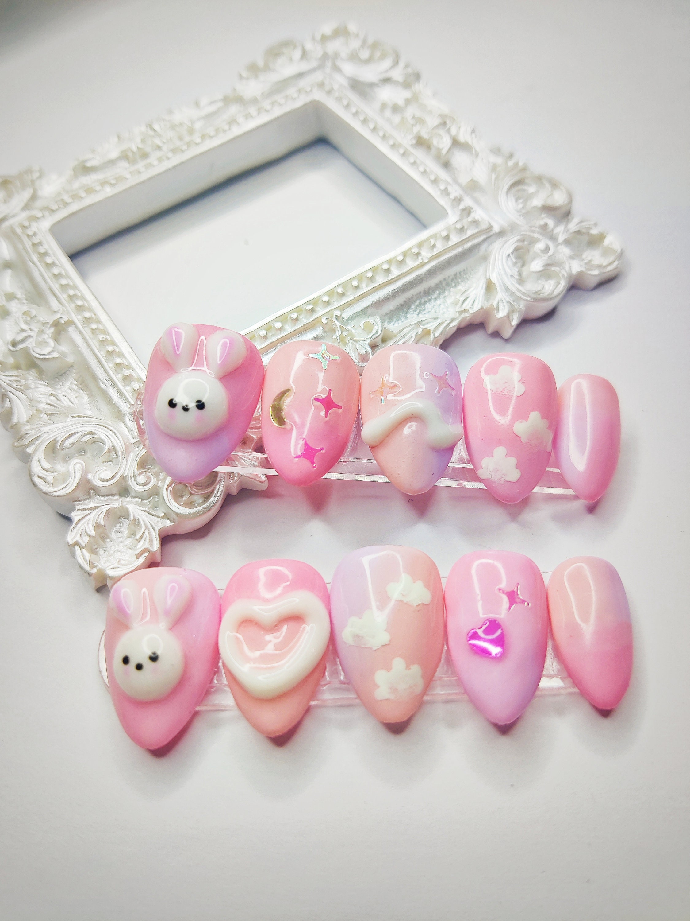 Pink and White Charm Press on Nails 