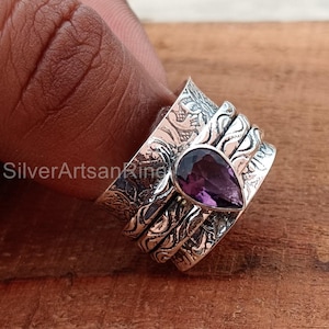 ハンドメイドペアアメジストスピナーリング：925スターリングシルバー瞑想リング