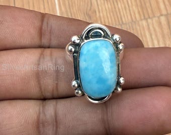 Larimar-statementring: handgemaakt sterlingzilver, rechthoekige edelsteen