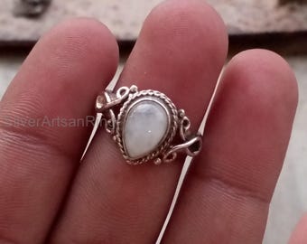 Pear Moonstone Ring, Solid 925 Sterling Silver, Handmade Women Designer Ring, Statement Boho Jewelry,