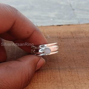 Natural Moonstone Spinner Ring: 925 Sterling Silver Meditation Band