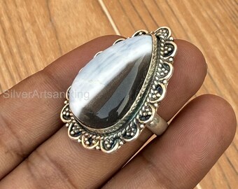 Owyhee Blue Opal Ring: Handmade Sterling Silver Boho Statement Ring