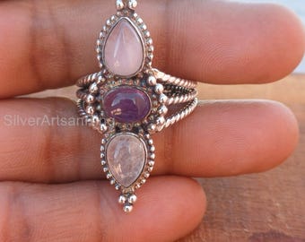 Anillo de cuarzo rosa y amatista con piedra lunar, plata de ley 925 maciza, anillo llamativo, anillo hermoso, anillo hecho a mano, anillo popular, CM191