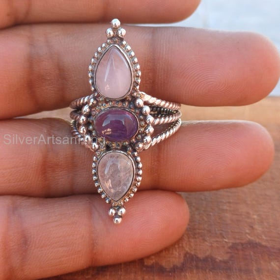 Bague En Argent 925 Avec Pierre Rose-violet (améthyste) - Taille 57 - Occasion - Fabriquée En France