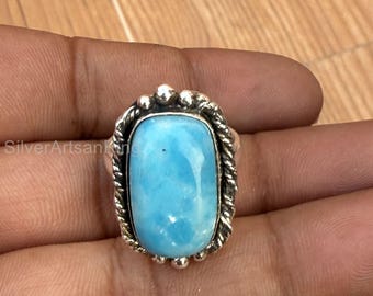 Larimar-statementring: handgemaakt sterlingzilver, rechthoekige edelsteen