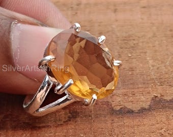 シトリンの宝石リング、925スターリングシルバーリング、長方形の宝石