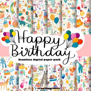 Könnte beinhalten: Ein digitales Papierpaket mit 6 farbenfrohen Mustern mit Comic-Tieren, Ballons und Geburtstagstorten-Designs. Der Text "Happy Birthday" ist in einer verspielten Schriftart mit rosa Hintergrund geschrieben.