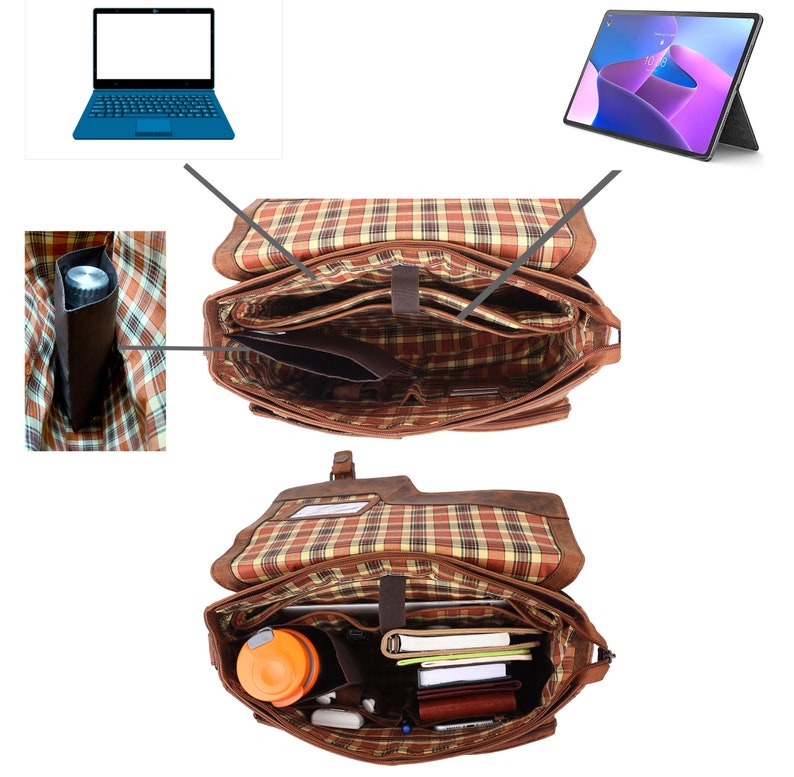TUSC Polarion Premium schoudertas voor 13,3 inch laptop gemaakt van 100% echt buffelleer in vintage look, 35x27x9 cm, kleur: walnoot afbeelding 8