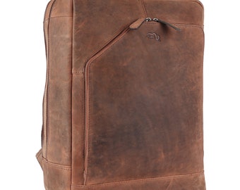 TUSC Corvus 15L premium rugzak voor 15,6 inch laptop van 100% echt buffelleer in vintage look, 31x44x16 cm, kleur: walnoot