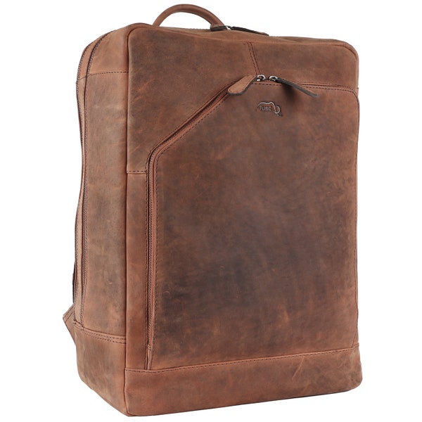 TUSC Corvus 15L premium backpack for 15.6 inch laptop made of 100% genuine buffalo leather in vintage look, 31x44x16 cm, colour: walnut