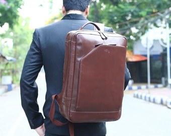 TUSC Corvus 17 Premium backpack for 17.3 inch laptop made of 100% genuine buffalo leather in a vintage look, size 32x47x15 cm, color: cinnamon