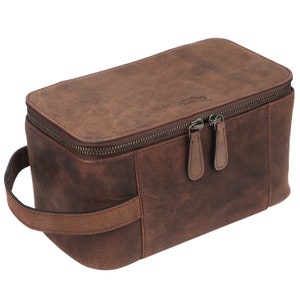 TUSC Pollux Premium toilet bag / cosmetic bag made of 100% genuine buffalo leather in a vintage look, 26x13x13 cm, colour: walnut