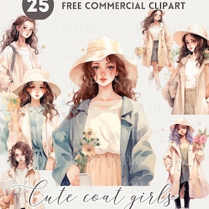 Clipart de acuarela de chica estudiante, linda chica con abrigo elegante PNG comercial gratis, ilustración de mujer joven académica, moda acogedora