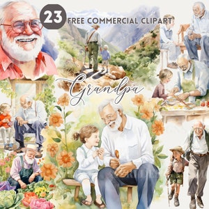 Pacchetto di clipart acquerellate del nonno, PNG commerciali gratuiti del nonno e del nipote, illustrazione di un vecchio, famiglia, nipote, nipote