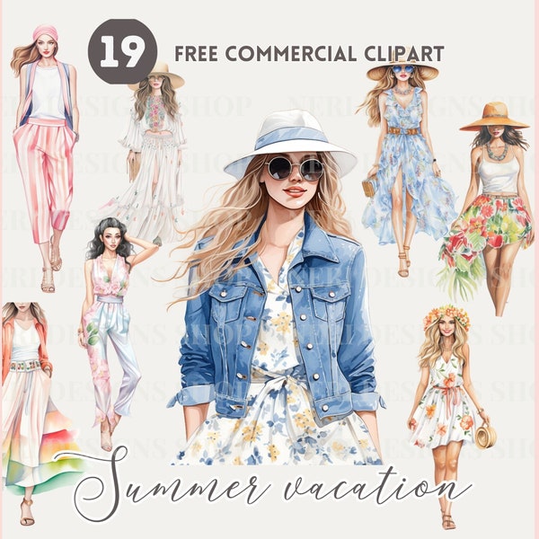 Summer fashion watercolor clipart, vacation wear free commercial PNG, Stylish woman Illustration, fashion model, jumpsuit, tropical dress