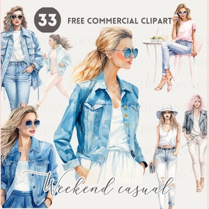 Casual mode aquarel clipart, stijlvolle vrouw commerciële PNG, fotomodel, t-shirt, jeans, spijkerjasje, activewear meisje, streetwear kunst