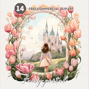 Sprookjesportaal aquarel clipart bundel, Betoverde ingang Gratis commerciële PNG set, magische illustratie, fantasieprinses, kasteelkunst