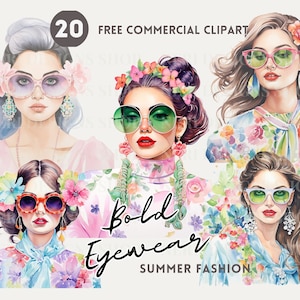 Vrouw en zonnebril aquarel clipart, fashionista dame gratis commerciële PNG, zomer bloemenmode, stijlvol meisje en grote oorbellen, tropisch