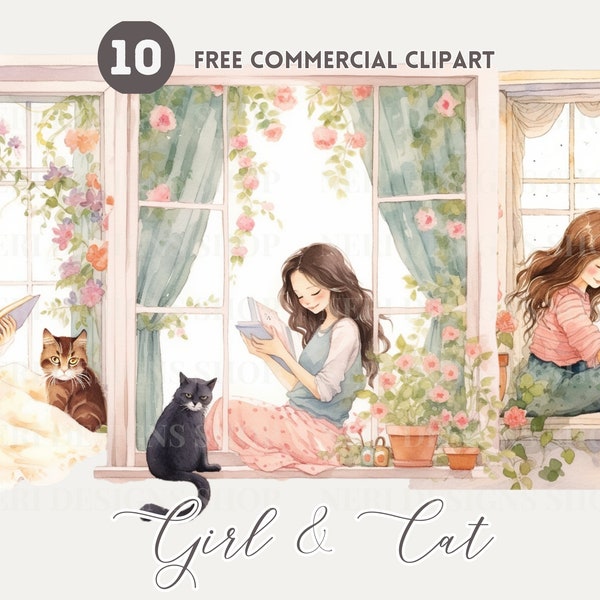 Lezen van meisje en kat aquarel clipart bundel, gezellig raam lezen gratis commerciële PNG, schattig meisje, Kitty illustratie, bloemen vensterbank