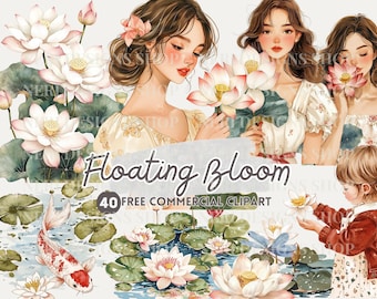 Clipart acquerello di ninfee e loto, scena di ragazza e stagno PNG commerciale gratuito, fiori di lago, pesci koi nello stagno, fiori da spa, arte floreale zen