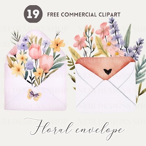 Pacote de clipart em aquarela de envelope floral, correspondência floral conjunto comercial gratuito ilustração de correio de flores gráfico de carta romântica floral