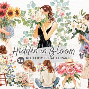 Frau Gesicht bedeckt mit Blumen Aquarell Clipart, künstlerische weibliche Porträt kostenlose kommerzielle PNG, Floral feminine ästhetische Planer-Aufkleber