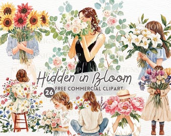 Woman’s Face Covered with Flower watercolor clipart, Artistic Female Portrait free commercial PNG, Floral Feminine Aesthetic Planner Sticker