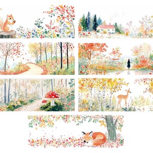 Op de afbeelding: Waterverfillustraties van herfsttaferelen. Een eekhoorn op een boomstronk, een huis in een veld, een pad door een bos, een persoon bij een vijver, een hert in een bos, een vos en paddenstoelen.
