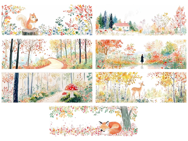 Op de afbeelding: Waterverfillustraties van herfsttaferelen. Een eekhoorn op een boomstronk, een huis in een veld, een pad door een bos, een persoon bij een vijver, een hert in een bos, een vos en paddenstoelen.