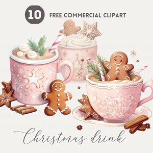 Christmas Beverage Watercolor Clipart Bundle, Winter Drink Free Commercial PNG, Festive Hot Cocoa Illustration, Gingerbread, Cookie Graphic