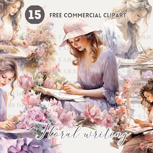 Escena de escritura floral paquete de imágenes prediseñadas de acuarela Escritura de niña Conjunto de png comercial gratuito Escritura botánica ilustración de señorita para diario